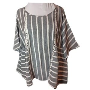 World Market Striped Tunic Top Crochet Trim Boho Blouse Gray Size‎ L